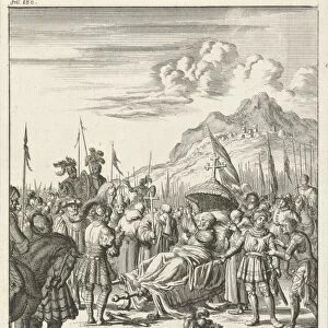 Fulk V, Count of Anjou and King of Jerusalem, dies lying on a stretcher, Jan Luyken