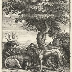Landscape with a goat, moose and two dogs, Hendrick Hondius (I), 1644