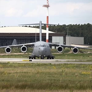 A C-17 Globemaster taxiing at Ramstein Air Base, Germany