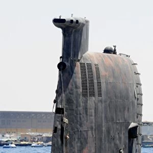 A Libyan Navy Foxtrot-class military submarine moored to the pier in Benghazi, Libya