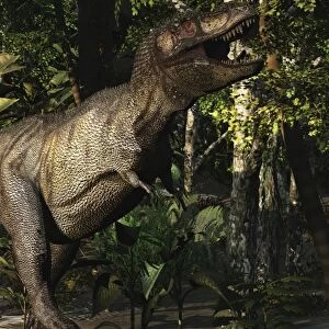 A mighty Tyrannosaurus Rex hunts for prey in a dense jungle
