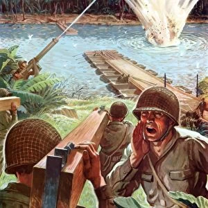 World War II poster of Army Engineers building a bridge across a river