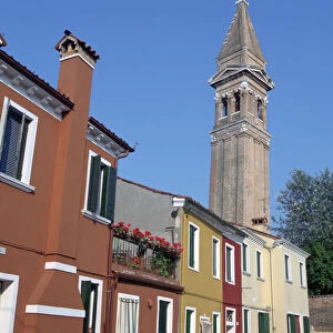 Campanile of the Church of San Martino and painted houses, Burano, Venice, Italy