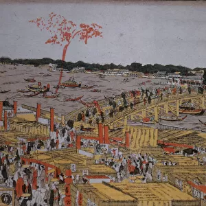 Fireworks at Ryogoku Bridge, c. 1785. Artist: Hokusai, Katsushika (1760-1849)