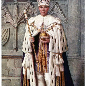 George VI in coronation robes: the Robe of Purple Velvet, with the Imperial State Crown, 1937. Artist: Fortunino Matania