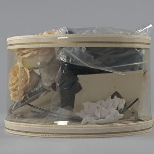 Hat box filled with tools and materials from Maes Millinery Shop, 1941-1994