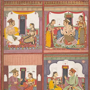 Four Love Scenes and a Landscape: Page from a Dispersed Raskapriya, ca. 1700. Creator: Unknown