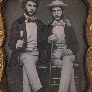 Two Seated Young Men Holding Ivory-topped Walking Sticks, 1850s. Creator: Unknown