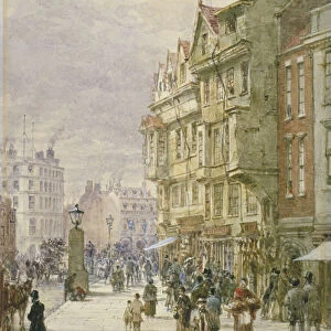 View east along Holborn with figures and horse-drawn vehicles on the street, London, 1875