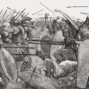 The Battle of Plataea, 479 BC, in which the defeat of the invasion forces of Xerxes was the final land battle of the second Persian invasion of Greece. In the picture Spartan troops confront the Persians. The Spartan contingent was part of an alliance of Greek city-states which formed the Greek army. After an illustration by an unidentified artist in the Cyclopaedia of Universal History, published in Cincinnati in the 1880 s