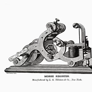 An electric Morse Register, manufactured by L. G. Tillotson & Co. New York in the late 1860 s. After an illustration in Modern Practice Of The Electric Telegraph: A Handbook For Electricians And Operators, by Franklin L. Pope. Third Edition, published 1870