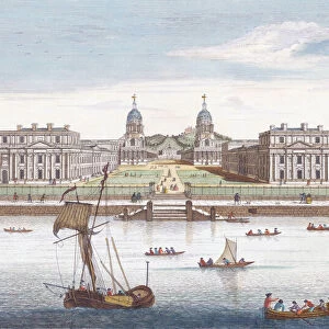 A prospect of Greenwich Hospital from the river. After an engraving dated 1751 by John June. Later colourization