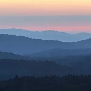 View from Lusen mountain over the Bavarian Forest at sunset at Waldhauser in the Bavarian Forest National Park, Bavaria, Germany