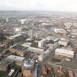 Aerial view of Coventry City centre showing the university, cathedral and ring road
