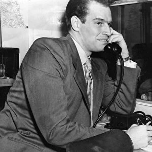 Charlton Heston speaks to his wife from the Kemsley radio van at Morpeth