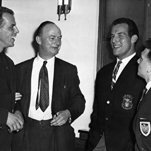 Dewi Lewis, (2nd left) Western Mail Journalist, speaking with Welsh trio (from left