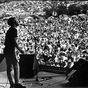 New Order on stage at Glastonbury Festival. 1987