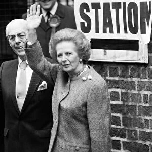 Prime Minister Margaret Thatcher campaigning in Harrogate with her husband Denis
