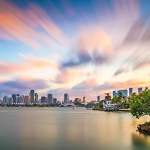 Miami, Florida, USA downtown skyline on Biscayne Bay in early evening