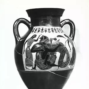 Black figured Attic amphora with Hercules wrestling Triton, preserved in the Gregorian Etruscan Museum, Vatican City