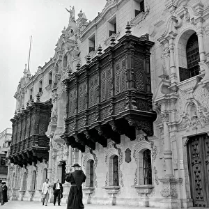 The famous Spanish-style balconies of the Arch Bishop's Palace in Lima, Peru