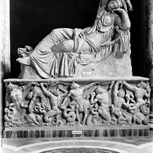Sleeping or abandoned Arianna and sarcophagus with gigantomachy, sculpture, Roman art from Greek original of the 2nd century a.C. Gallery of Statues and Hall of busts, Vatican Museums, Vatican City