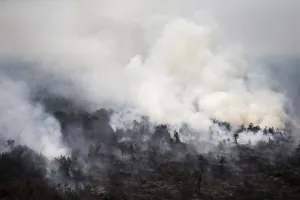 Indonesia Prints: An aerial view of a burning forest at Ogan Komering Ulu area in Indonesias south Sumatra