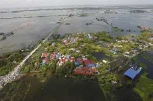 Thailand Prints: An aerial view of a flooded area in Ayutthaya province