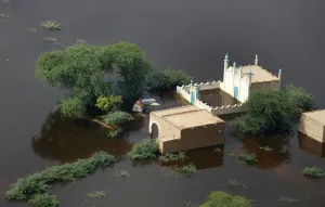 An aerial view of the flooded compound of a mosque in Pakistans Jafarabad district in An aerial view of the flooded compound of a mosque in Pakistans Jafarabad district in
