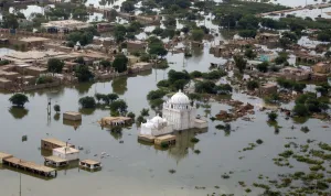 An aerial view of the flooded Jafarabad district in Baluchistan province An aerial view of the flooded Jafarabad district in Baluchistan province