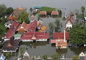 Thailand Prints: An aerial view of a flooded temple in Pathum Thani province