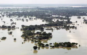 India Prints: An aerial view of a flooded village on the outskirts of Allahabad