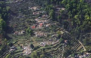 Quake Prints: An aerial view of houses damaged by Saturdays earthquake is seen near Chautara
