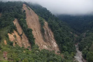 Images Dated 2017 April: Aerial view of the mountain where the landslide originated after flooding