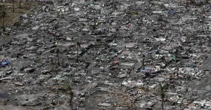 Philippines Prints: An aerial view of the ruins of houses after the devastation of super Typhoon Haiyan in