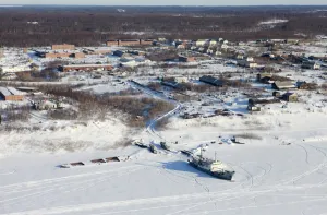 Prints of An aerial view of Russias northern town of Igarka on the bank of the Yenisei River, about 1800 km (1118 miles) north of the Siberian city of Krasnoyarsk, April 14, 2010. Picture taken April 14, 2010 Russia Prints: An aerial view of Russias northern town of Igarka on the bank of the Yenisei River