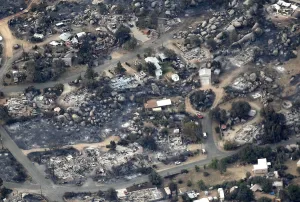 Fire Prints: Aerial view of a section of the town of Yarnell, Arizona that is destroyed by a wildfire