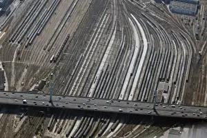 An aerial view shows cars driving over tracks at Austerlitz train station in Paris