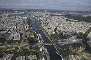 An aerial view shows the Eiffel tower, the Seine River and the Paris skyline