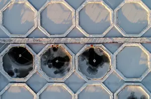 An aerial view shows employees working on fishponds for trout and sturgeon at a fish