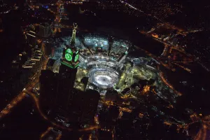 Religion Prints: Aerial view shows Muslim worshippers praying at the Grand mosque