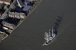 An aerial view shows a ship on the River Thames near the London 2012 Olympic Park