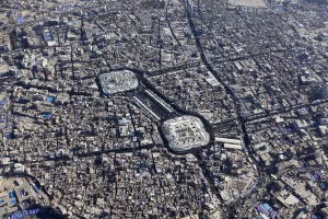 Aerial view of the Shrines of Imam al-Abbas and Imam al-Hussein during the religious Aerial view of the Shrines of Imam al-Abbas and Imam al-Hussein during the religious
