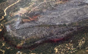 Fire Prints: An aerial view of a strip of fire retardant near Yarnell, Arizona