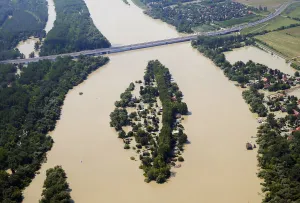 Hungary Prints: An aerial view of the swollen Danube River is pictured in Budapest
