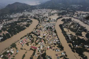 Images Dated 2014 September: An aerial view taken from an Indian Air Force helicopter shows the flooded Srinagar city