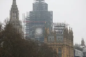 : Big Bens clock face is seen after the hands were removed during maintenance