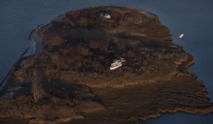 Sandy Prints: A boat sits in marshland, in this aerial view near Sea Bright, New Jersey