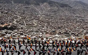Bolivian Indians and peasants, enroute to the countrys capital, march in protest