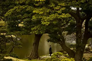 A businessman stands at a pond in the Kyu-Shiba-rikyu Garden on a warm and sunny day